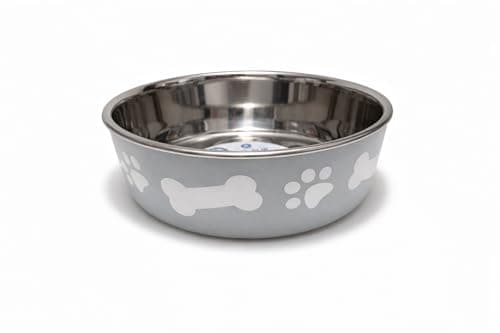 Image of Pet Guru Non-Slip Stainless Steel Dog Bowl, Paw and Bone Design, Food & Water Safe, Available in Small, Medium and Large For Dogs & Puppies (Grey, Large)