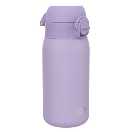 Image of ION8 Lightweight Steel Kids Water Bottle, 400ml/13oz, Non-Insulated, Leak Proof, Easy to Open, Secure Lock, Dishwasher Safe, Fits Cup Holders, Carry Handle, Metal Water Bottle, Light Purple