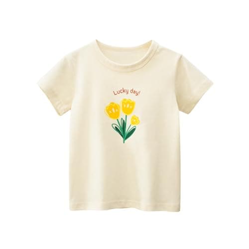 Image of Girls Short Sleeve T-Shirts 100% Cotton Breathable Shirt for Girls Comfortable Kids Crew Neck Tee for 2-10 Years Beige