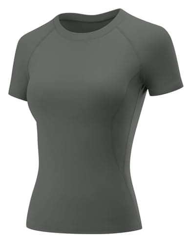 Image of Rapbin Work Out Tops Gym for Ladies Slim Fit Short Sleeve Round Neck Plain Cotton T-Shirt Compression Tight Shirts Gym Athletic Yoga Running Summer Basic Tee Dark Gray M