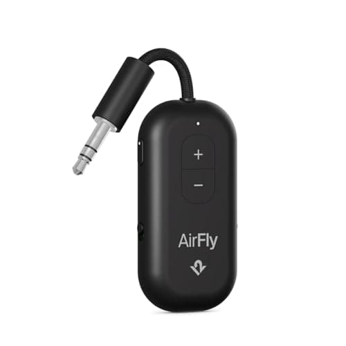 Image of AirFly Pro 2 – Bluetooth Adapter for Airplane, Pair 2 AirPods or Wireless Headphones – 3.5mm AUX Bluetooth Transmitter and Receiver for Cars, Boats, Treadmills, TVs– Airplane Travel Essentials, Black