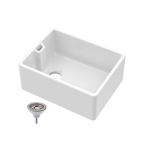 Image of Balterley 595mm Belfast Kitchen Sink Single Bowl with Waste & Built-in Weir Overflow, Durable Belfast Fireclay White Ceramic Kitchen Sink Bowl, Reversible Farmhouse Sinks - 595 x 455 x 245mm (White)