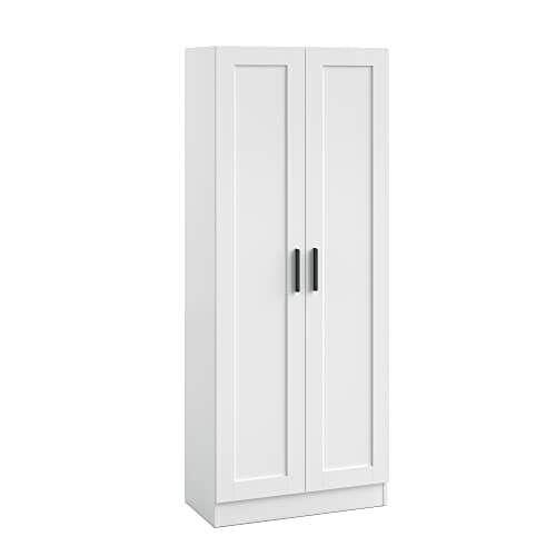 Image of Wooden Storage Cabinet, Freestanding Tall Kitchen Cupboard Narrow Pantry Cabinets Sideboard Organizer Unit with 2 Doors & Adjustable Shelves (White)