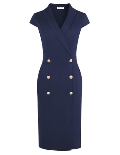Image of GRACE KARIN Spring Fall Vintage V Neck Slim Fit Work Dresses Elegant Cap Sleeve Bodycon Midi Dress Navy Blue 10