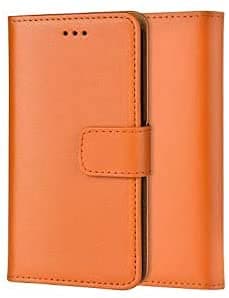 Image of ameego Genuine Leather Bookcase for iPhone 14, Premium authentic Genuine Leather Wallet case with Magnetic, Kickstand, Cash & Card Slots Stockproof Slim Flip bookcase cover 6.1" (Orange)