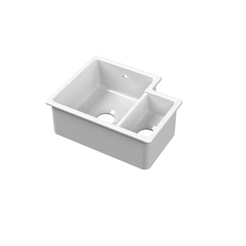 Image of Balterley 549mm White Kitchen Sink, Left Hand Undermount Double Bowl with Overflow Hole, Durable Fireclay Ceramic Kitchen Sink Bowl, Undermount Sinks for Kitchens - 549 x 441 x 195mm (Glossy White)