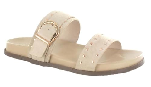 Image of ella Double Strap Studded Slider Sandals, Leather, Open Toe, Adjustable Buckle, Gold-Tone Detail, Flat Slide, Multiple Colours (Cream, UK Footwear Size System, Adult, Women, Numeric, Medium, 3)