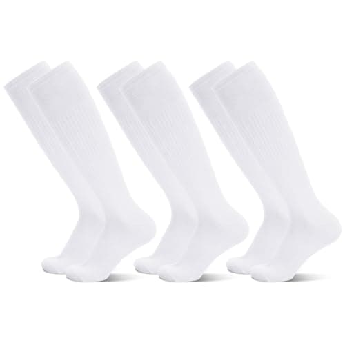 Image of Radsocken 3 Pairs Football Socks for Men,White Football Socks Mens Football Socks Long Knee High White Sport Socks Soccer Socks for Men Women Adult Rugby Hockey Running Gym 39-44