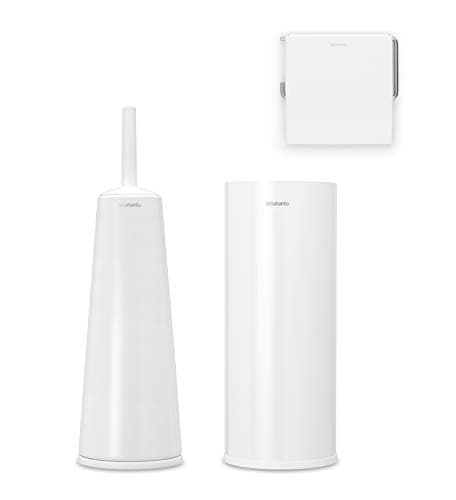 Image of Brabantia 3 Piece Toilet Accessory Set, Toilet Brush & Holder, Toilet Roll Holder & Toilet Roll Dispenser (Drill/No Drill Wall Mounting), White