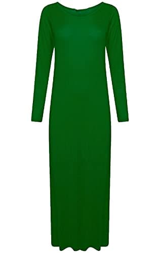 Image of STAR FASHION Womens Maxi Dress Long Sleeve Plain Jersey Casual Dress Ladies Stretchy Round Neck Full Length Maxi Dress Bottle Green-16-18