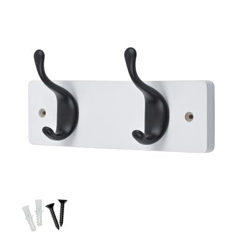Image of keypak 2 Matte Black Coat Hooks on White Wooden 22.5cm Board - Modern Wall Door Mounted Coat Rack Clothes Hanger