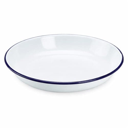 Image of Premium Quality Traditional Enamel White Blue Trim Rice Pasta Plate 18cm, Deep Dish Tableware Crockery, Dishwasher/Microwave/Freezer Safe