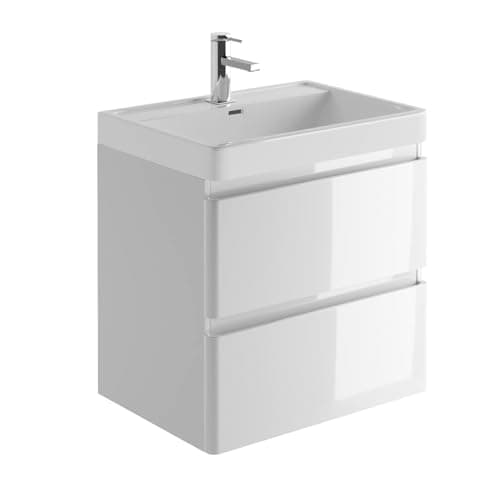 Image of Go Bathrooms Newbold 600mm Gloss White Vanity Unit Includes Resin Basin Wall Hung Storage Unit Bathroom Sink Unit