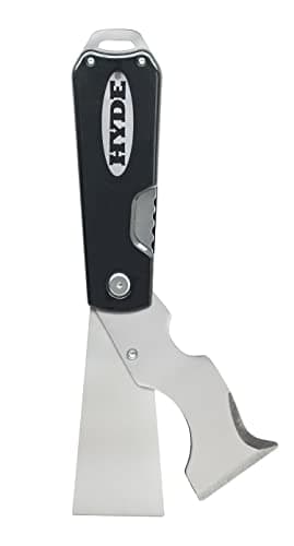 Image of Hyde Dual Blade Folding Painter's Tool 5-in-1 Stainless Steel Folds Closed, Flex 1-1/2 Inch, Cleans Rollers, Spreads Compound, Scrapes, Cleans Out Cracks, Opens Cans and Boxes