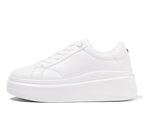 Image of LUCKY STEP Women's Platform Fashion Sneakers Faux Leather Classic Tennis Shoes Low Top Casual Walking Shoes (White, 6US-36EU-3UK)