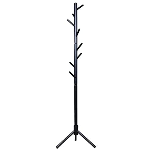 Image of keypak Wooden Coat Stand, Freestanding Coat Rack, 8 Hooks, Adjustable Height, Hallway Coat Tree for Hanging Clothes, Jackets, Bags, Hats (Black)