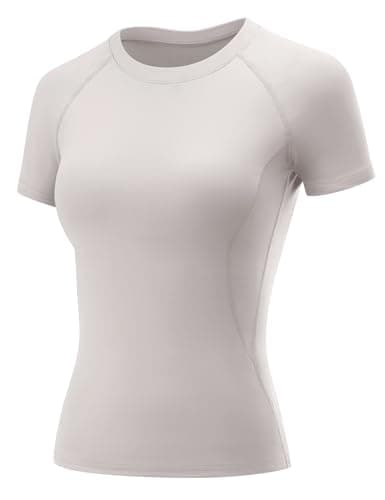 Image of Rapbin Womens Gym Tops Short Sleeve Sports T-Shirt Fitness Workout Yoga Crop Tops Ladies Running Tee Shirts Breathable Activewear Ivory Gray XS
