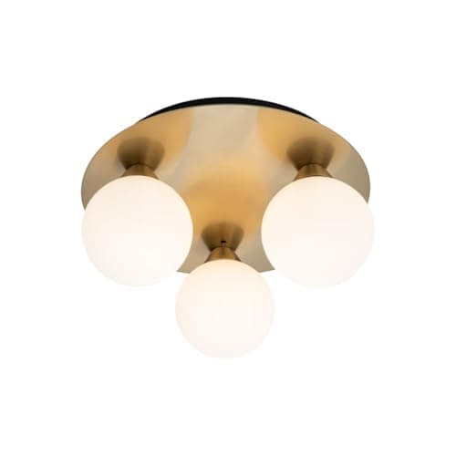Image of Cosylyte Bowen Bathroom 3 Light Classic Opal Glass Ceiling Flush Light - Brushed Brass, IP44, 25x25x13cm, 3xG9. Max. 5W LED (Bulb not Included)