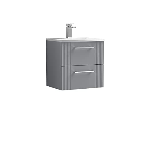 Image of nuie Modern Bathroom Wall Hung 2 Drawer Part Fluted Vanity Unit with Curved Ceramic Basin, Satin Grey, 500MM