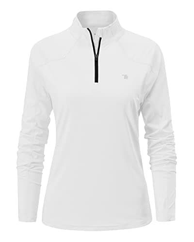 Image of YSENTO Women's Long Sleeve Running Sports Tops Lightweight Gym Walking Zip Up Golf Polo T-Shirt(White,L)