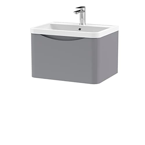 Image of nuie LUN205 Lunar Modern Bathroom Wall Hung 1 Drawer Vanity Basin Unit & Polymarble Basin, 600mm, Satin Grey