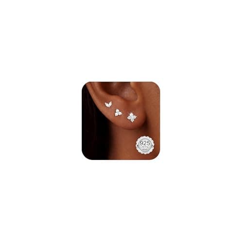 Image of Astravia 3 Pairs Sterling Silver Stud Earrings for Women Girls 18K Gold Plated Cartilage Multiple Piercings Set Stacks Dainty Small Star Lightning Moon Heart Studs Hypoallergenic Jewellery Gifts