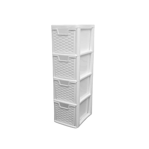 Image of SIDSONS Medium Rattan Effect White |4 Drawer Storage Tower Unit| Desktop Table top Office Home School Organizer Stationary Cosmetic Jewellery Organiser 62cm (H) x 26cm (D) x 19cm (W)
