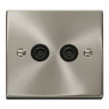 Image of Click Deco VPSC066BK Satin Chrome 2 Gang Coax Socket Black Insert