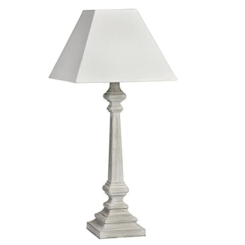Image of Grey Washed Wood Vintage Rustic Square Column Stem Table Lamp with Linen Fabric Tapered Shade | 64cm Height | 1 x SES E14 Lamp Required | UK Approved | in-Line On Off Switch | Wooden Hand Carved