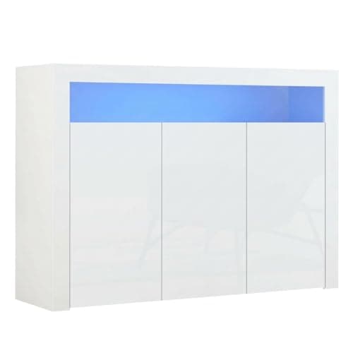 Image of Panana High Gloss 3 Door Sideboard Cupboard with LED Lights Large Display Cabinet Storage Unit for Living Room Bedroom (White)