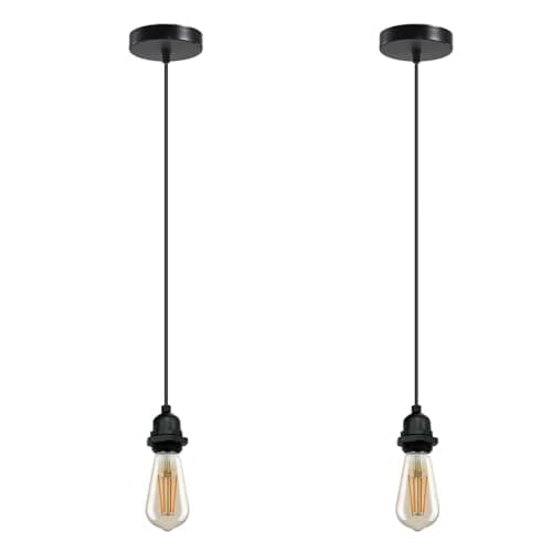 Image of LEDSone 2 Pack IP65 Waterproof Industrial E27 Pendant Light Fitting Black – 95cm Adjustable Cable, Ceiling Light Kit with Metal Holder & Ceiling Rose for Outdoor Garden Hanging Light