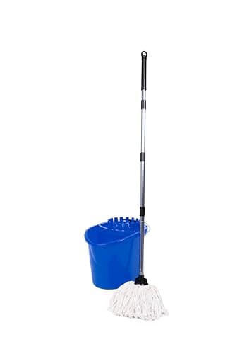 Image of Requisite Needs Professional Mop and Bucket Set Heavy Duty with Wringer and Two Traditional Cotton Mop Heads for Cleaning Floors –Mop Bucket Capacity 16L with Pouring Lip (Blue)