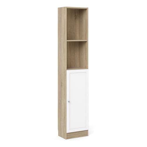 Image of Furniture To Go Basic Tall Narrow Combination Storage Bookcase in Oak (4 Shelves) with White Door