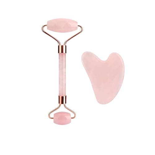 Image of Rose Quartz Roller and Gua Sha Set Pink Jade Face Roller and Gua Sha Stone Anti Aging Face Rollers for Women Girls Men’s Skincare Facial Neck and Body Relieve Facial Tension