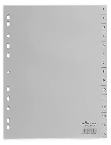 Image of Durable 1-15 Polypropylene Index Dividers | A4 Portrait Full Covering | Pack of 20 Dividers | Grey | Made in Germany
