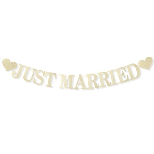 Image of Tinoaly Just Married Banner, Pre-Strung Garland with Glitter Letters and Hearts Champagne Gold Glitter Wedding Banner Sign for Wedding Bridal Shower Bachelor Party Decoration Favor