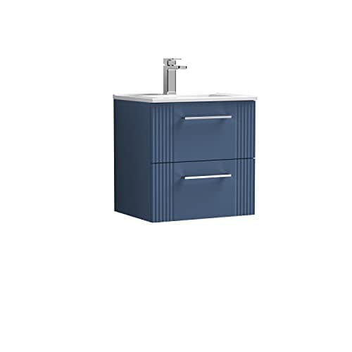 Image of nuie DPF392B Deco Modern Bathroom Wall Hung 2 Drawer Part Fluted Vanity Unit with Minimalist Ceramic Basin, Satin Blue