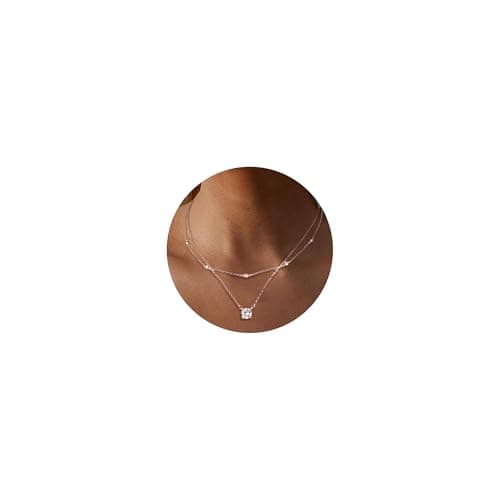 Image of ALEXCRAFT 925 Sterling Silver Necklace for Women Lady, Hypoallergenic Sterling Silver Adjustable Necklace Double Layering Stackable Layered Chains with Zirconia Circle Diamond Pendant Charm