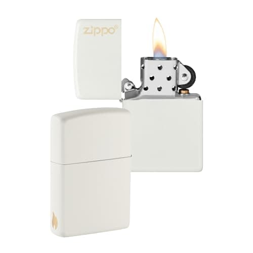 Image of Zippo Windproof Lighter - Logo & Flame Design - White Matte - Refillable - Reusable - Windproof - Gift Box - Metal - Made in USA - Amazon Exclusive