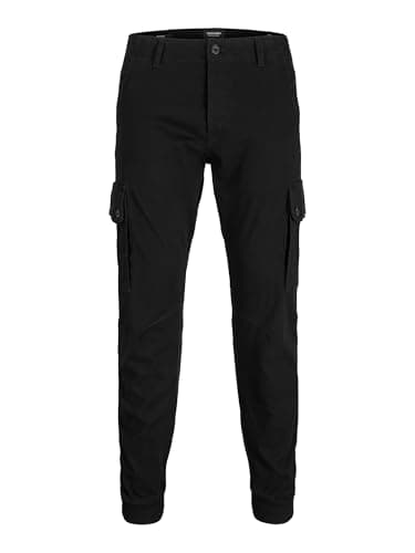 Image of JACK & JONES Mens Cuffed Cargo Black Trousers Combat Work Smart Casual Pants (W32/L30)