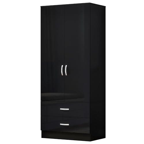 Image of Nera Gloss 2 Door Wardrobe with Drawers 76cm Wide Wardrobe for Bedroom Shelves and Hanging Rail Soft Close Hinges Storage Cabinet (Black Gloss (Matt Black))