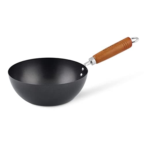 Image of Ken Hom Carbon Steel Mini Wok, 20cm, Classic, Non-Induction/Wooden Handle/Flat Base Pan, Includes 1 x Chinese Wok Pan, KH320001
