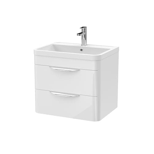 Image of Balterley Vanity Unit with Basin Wall Hung, 2 Drawer Soft Close with Rectangular Sink and Handles, Bathroom Vanity Units with Basin, Bathroom Sink Storage Cabinet - 610 x 450 x 540mm (White)