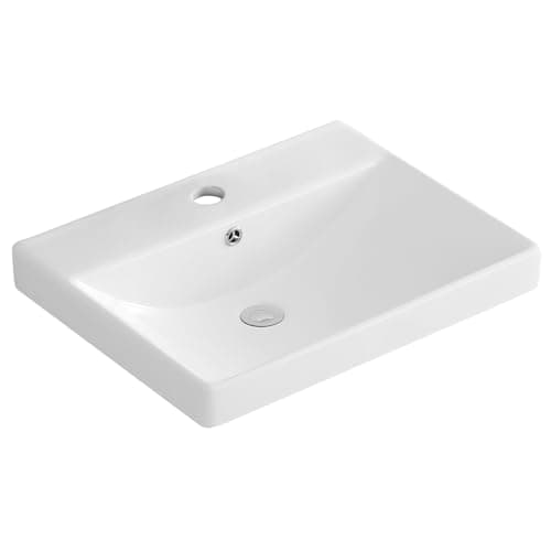 Image of 600mm Bathroom Sink Inset Basin Cloakroom Basins Thick-Edge Ceramic Sink Countertop Basin, Single Tap Hole Overflow Vessel Sinks Wash Basin Bowl Vanity Cabinet Mounted Washbowl