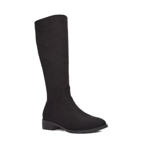 Image of ESSEX GLAM Women's Knee High Boots Ladies Biker Riding Classic Flat Low Heel Black Faux Suede Long Shoes Size 3