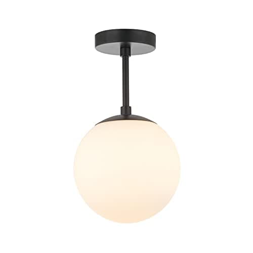 Image of Happy Homewares Traditional and Sleek Opal Glass Globe IP44 Bathroom Ceiling Light in Matt Black | 24cm x 20cm | 60w Max | Also Suitable for Hallways Lounges Conservatories etc