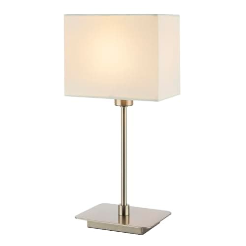 Image of Happy Homewares Contemporary Satin Nickel Bedside Table Lamp with White Cotton Fabric Shade | 33cm x 16cm x 10cm | 1 x 7w | Inline Cable Switch