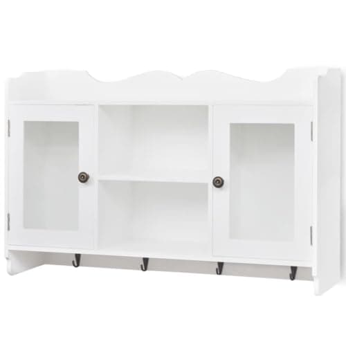 Image of CIOURSTO MDF Wall Mounted Cabinet Display Shelf with Glass Panel Doors and Hooks for Book/DVD/Coat Storage for Living Room, Bedroom or Office, White