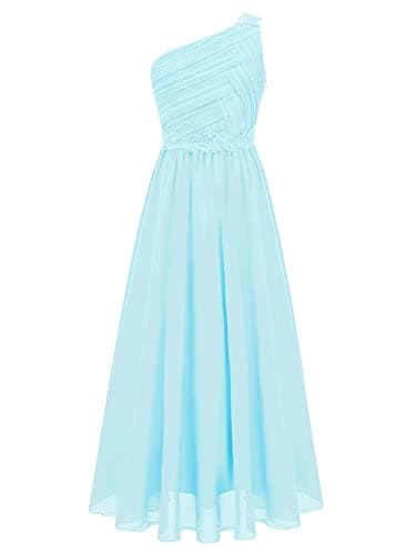 Image of CHICTRY Girls One Shoulder Pleated Evening Wedding Party Long Maxi Junior Bridesmaid Dress Light Blue 15-16 Years