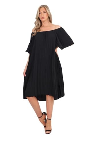 Image of STAR FASHION Off the Shoulder Pleated Dress for Womens Tunic Midi Evening Dress Ladies A-Line with Bardot Short Sleeve Italian Made One Size Black